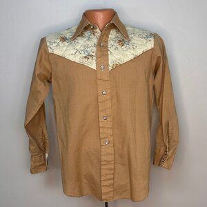 Vintage 1970s Brown Western Shirt Quilted Floral Contrasting Yoke, Bruxton Husky